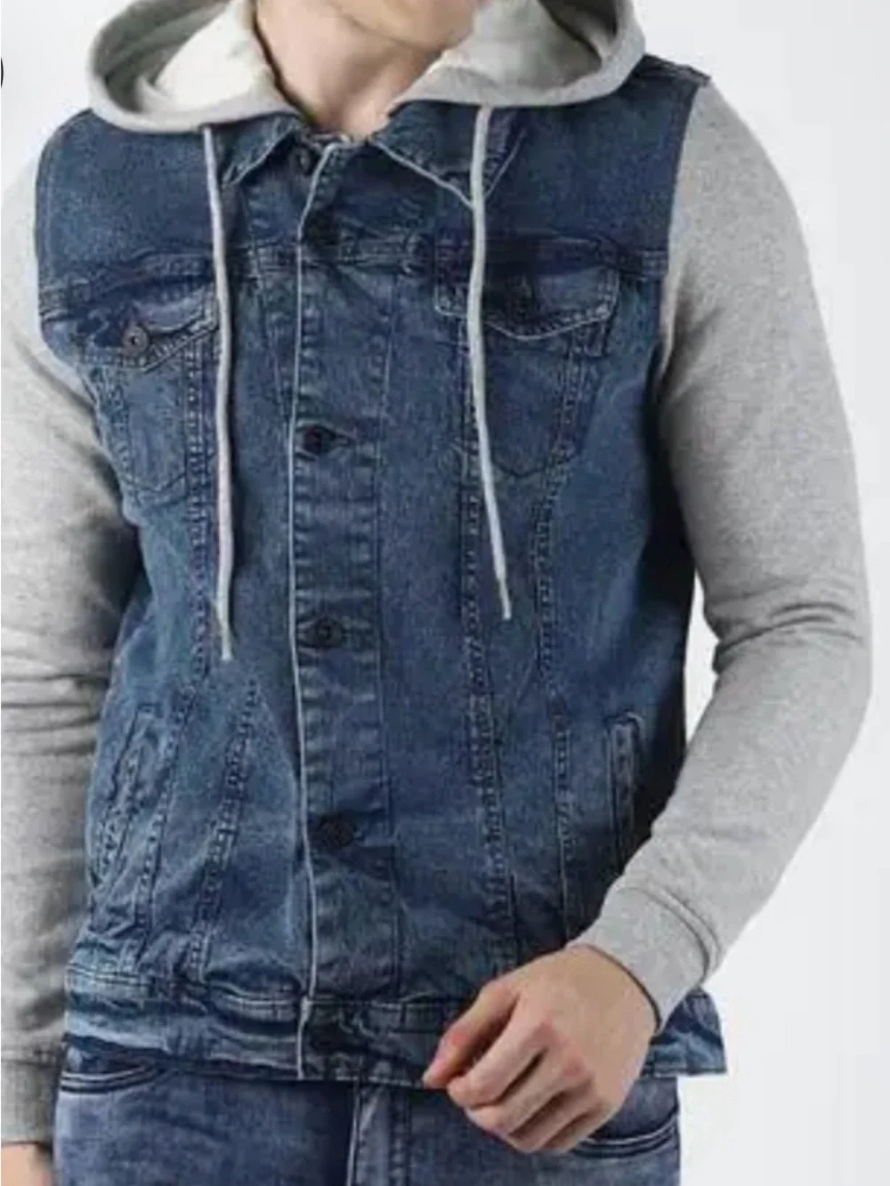 Aeropostale Blue Denim Vest with Gray Hooded Sleeves